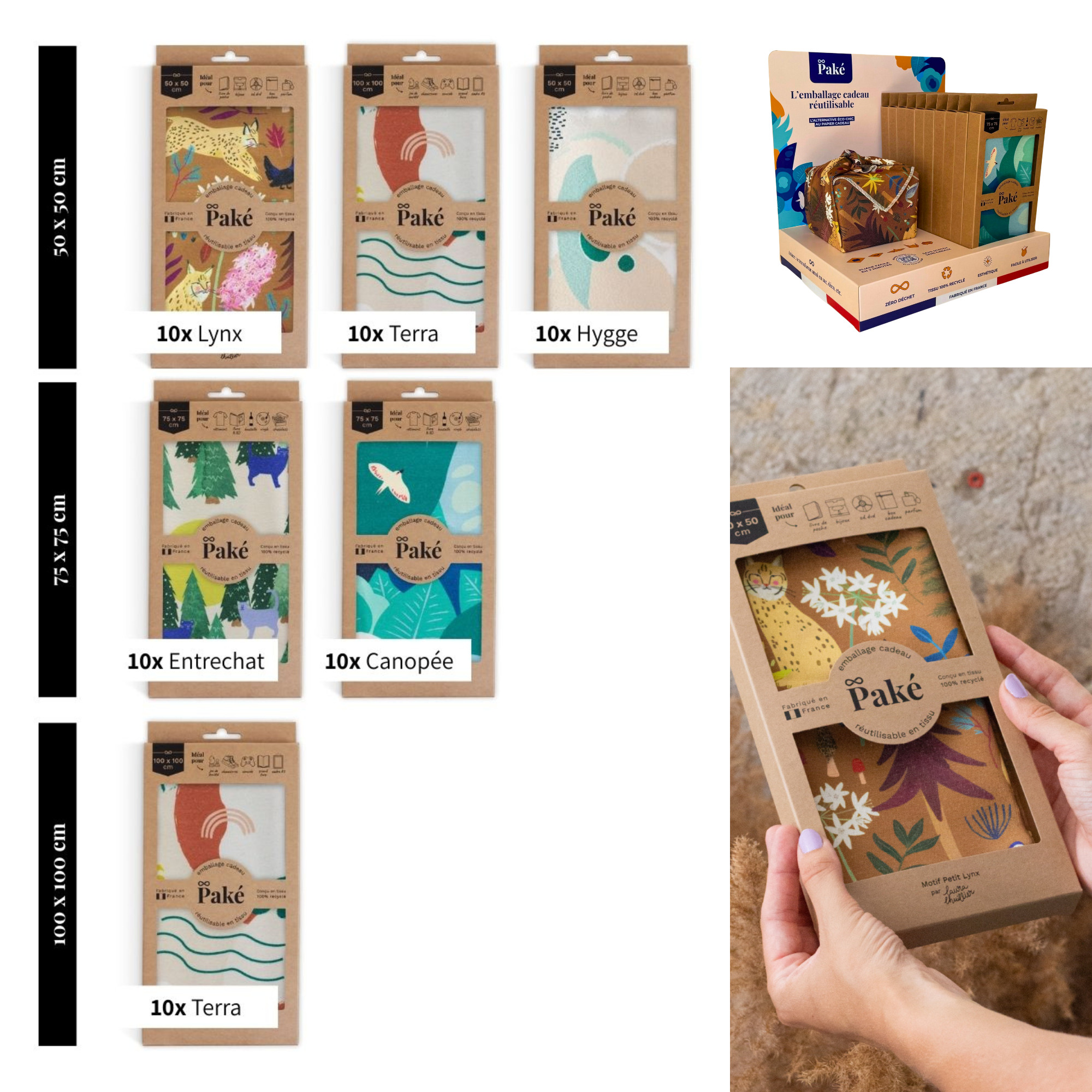 Pack Découverte 60 emballages cadeaux réutilisables - 6 motifs et 3 tailles